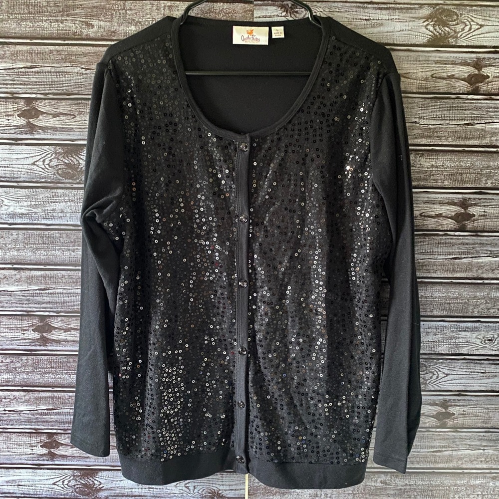 Quacker Factory Women's Layered Long-Sleeved Button-Down Top Sz L Black Sequins